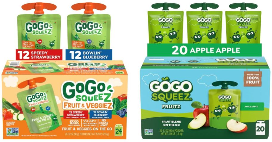 Two stock images of boxes of GoGo SqueeZ Applesauce Pouches