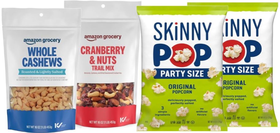 Stock images of Amazon Grocery Nuts and SkinnyPop Popcorn