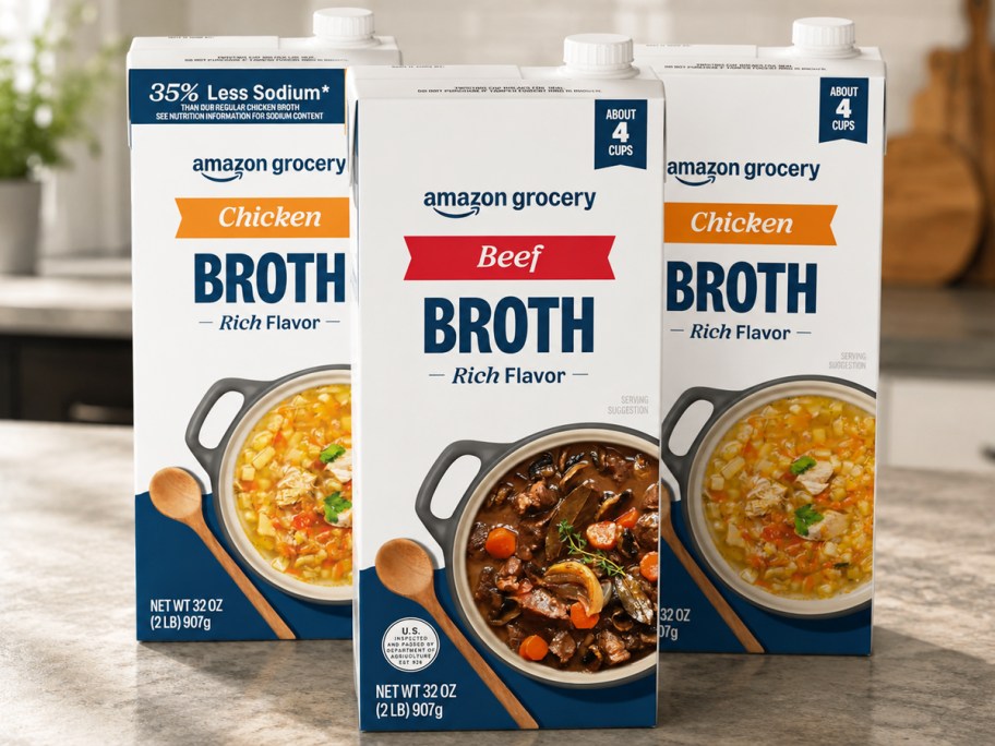 3 cartons of chicken and beef broths on a counter