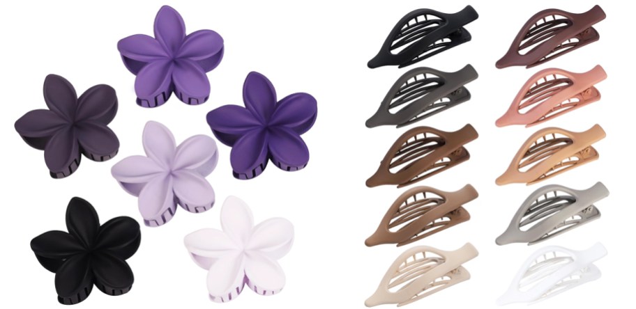 purple flower clips and brown flat clips