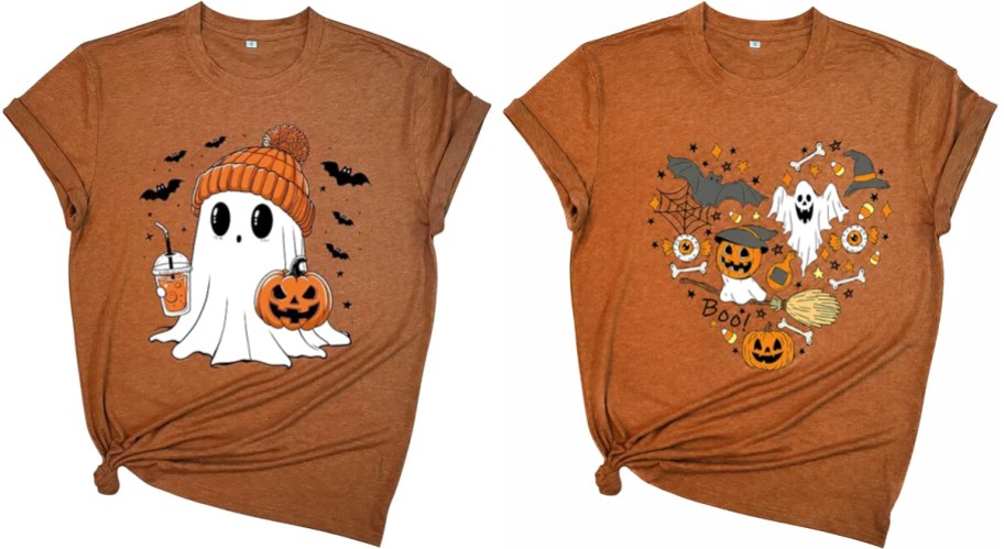 two brown t-shirts with halloween designs on them