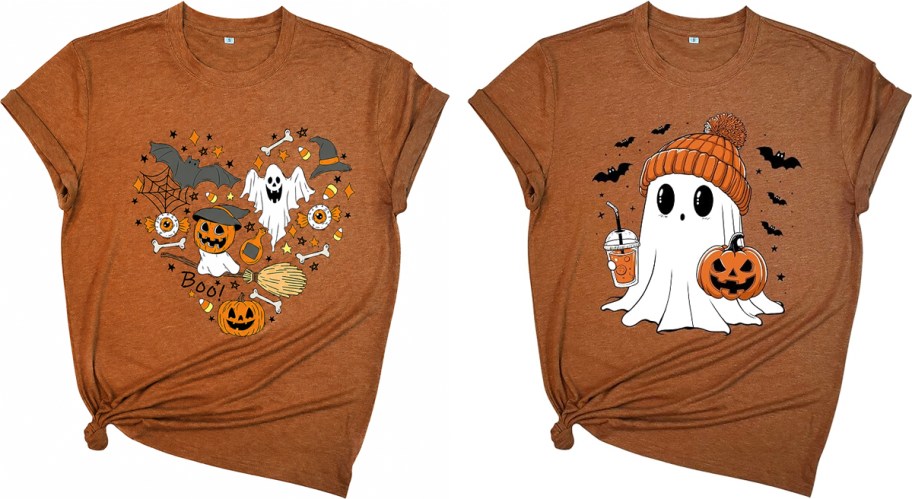 two brown t-shirts with halloween designs on them