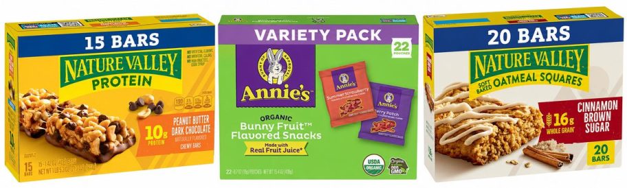 Nature Valley protein bars, Annie&rsquo;s bunny fruit snacks, and Nature Valley oatmeal squares