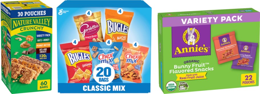 boxes of nature valley bars, bugles, and annie's fruit snacks