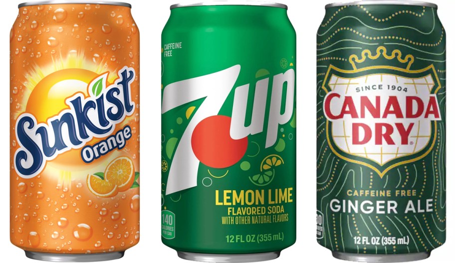 cans of sunkist, 7up, and canada dry sodas