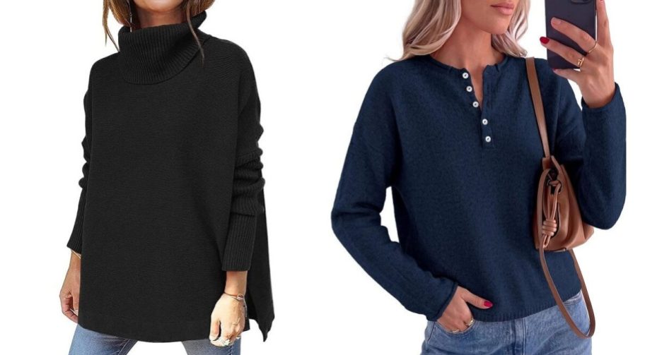LILLUSORY black oversized and PRETTYGARDEN navy Henley sweaters side by side
