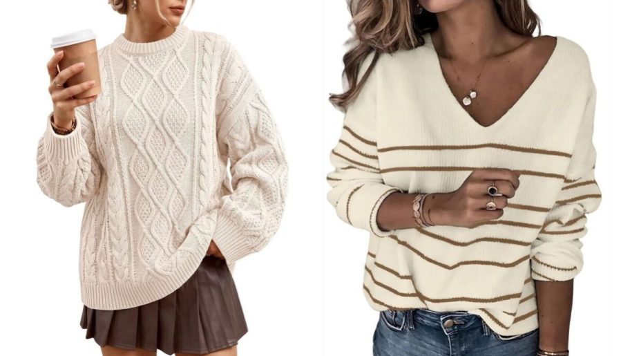 TRENDY QUEEN cream cable-knit and SUNNYMELODY striped V-neck sweaters side by side