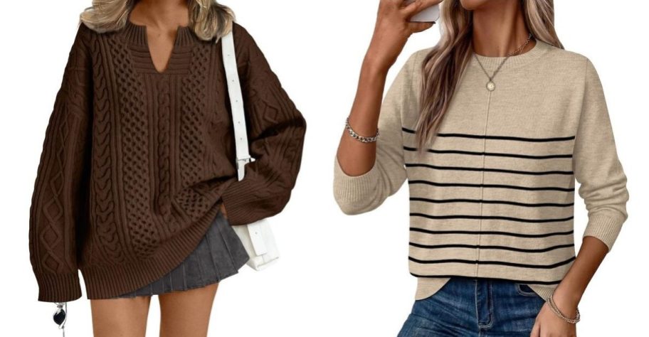 TRENDY QUEEN brown cable-knit and WIHOLL beige striped sweaters side by side