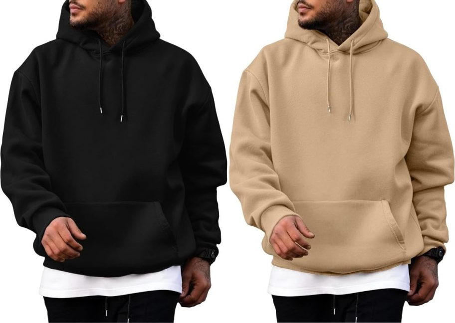 Stock images of two men wearing black and tan solid hoodies from Amazon