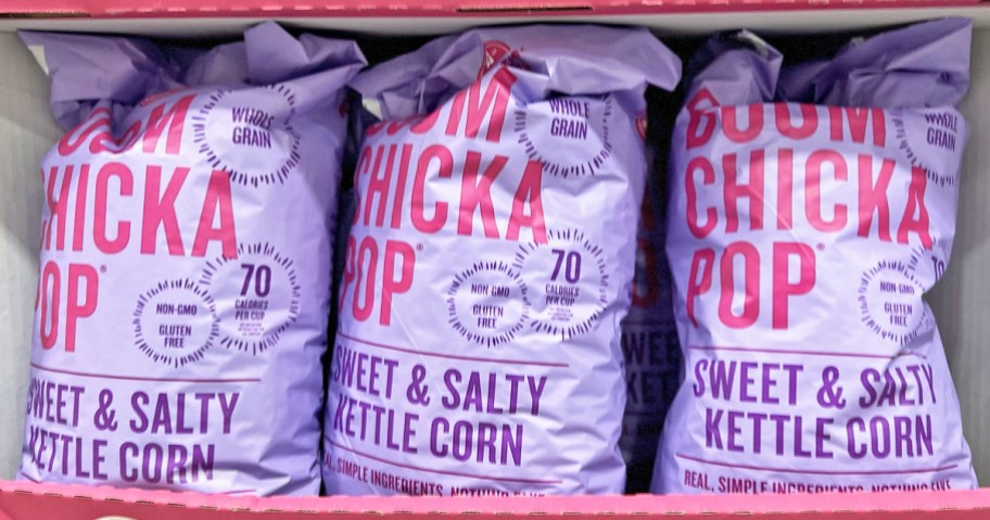purple bags of Angie's BOOMCHICKAPOP on store display