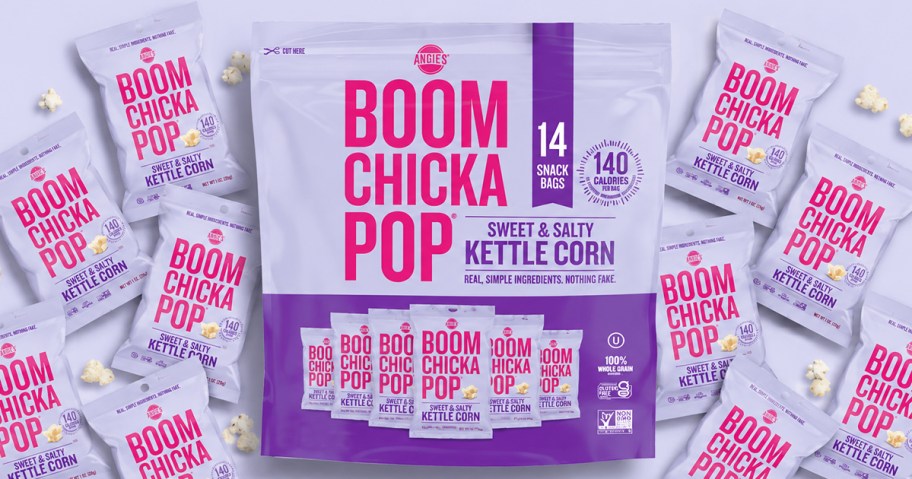 purple bag of Angie's BOOMCHICKAPOP surrounded by a bunch of mini purple bags