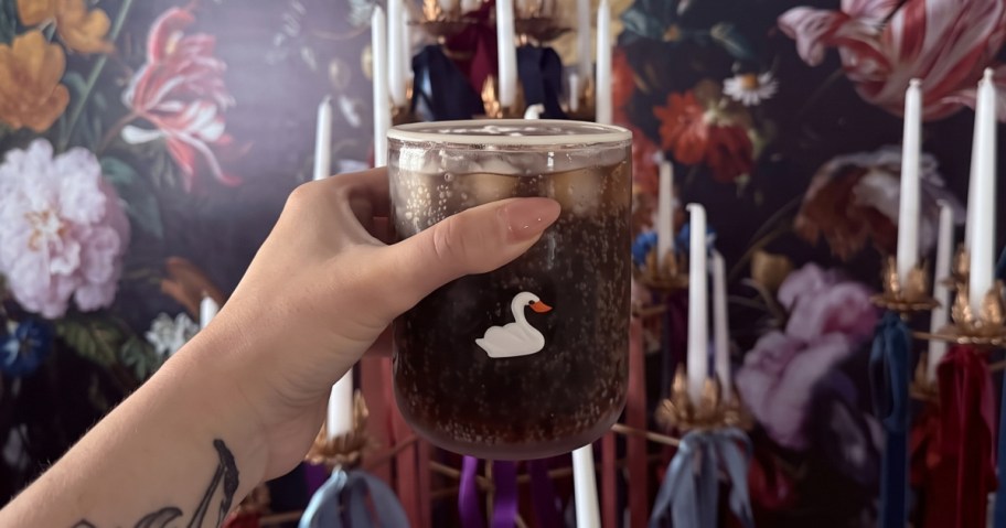 Woman holding an Anthro swan icon glass
