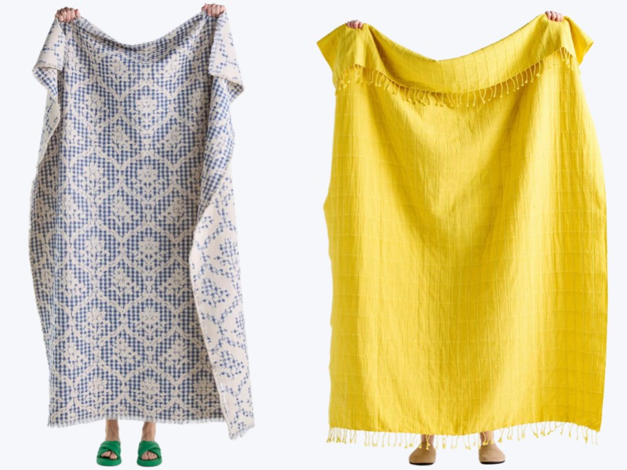 Anthropologie Damask Cotton Woven Throw Blanket and Desiree Cotton Windowpane Patch Throw Blanket