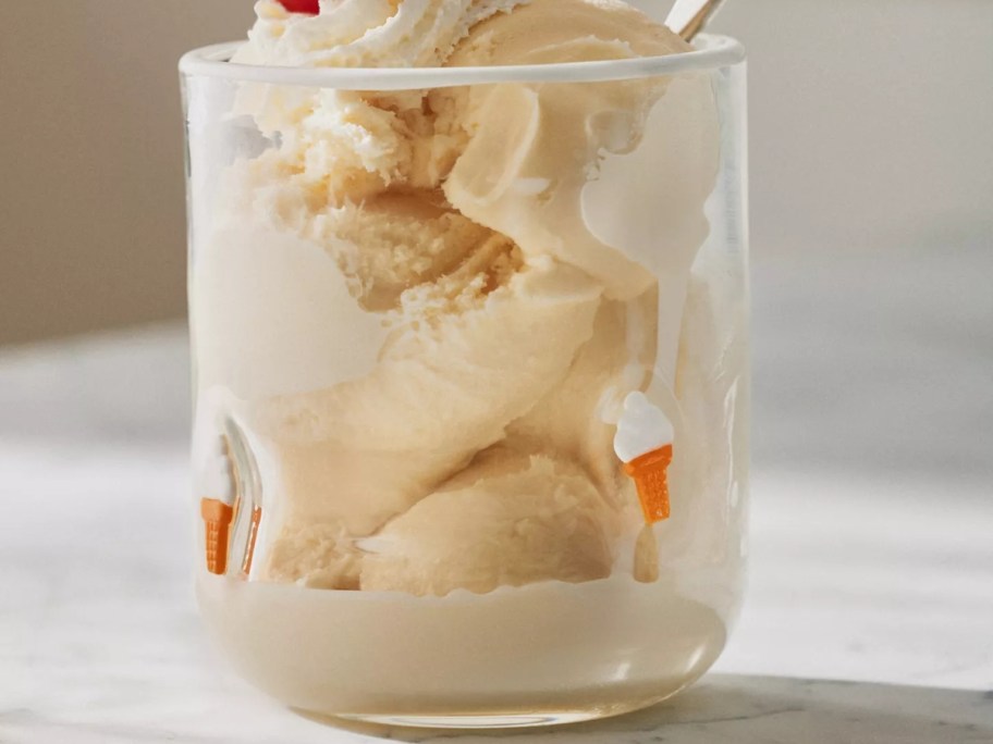 Anthropologie Boardwalk Icon Juice Glass with ice cream cone icons filled with ice cream 