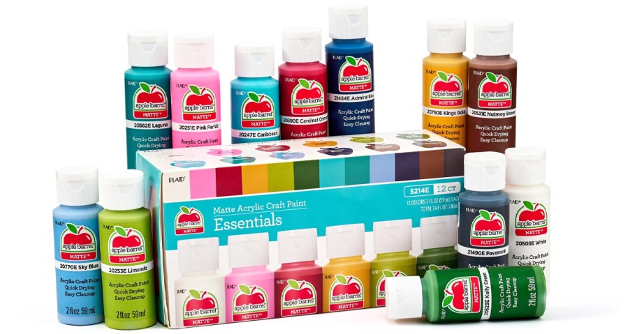 colorful bottles of paint around their box