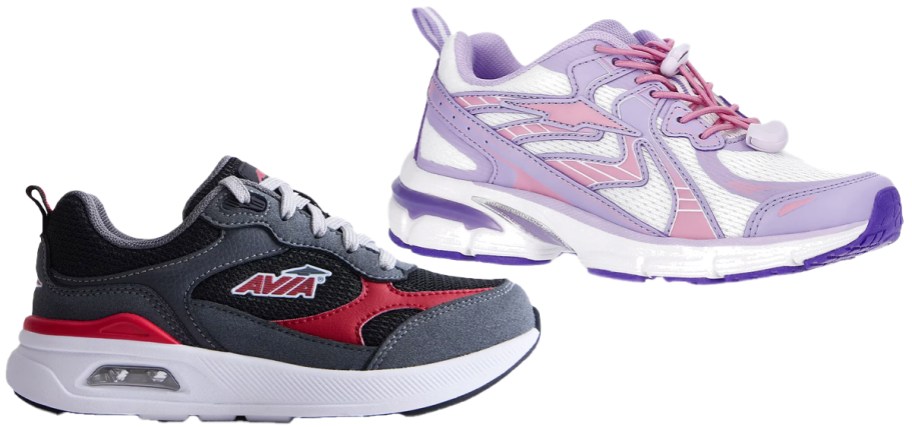 dark grey and light purple sneakers