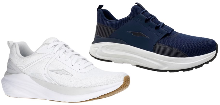 white and blue running shoes