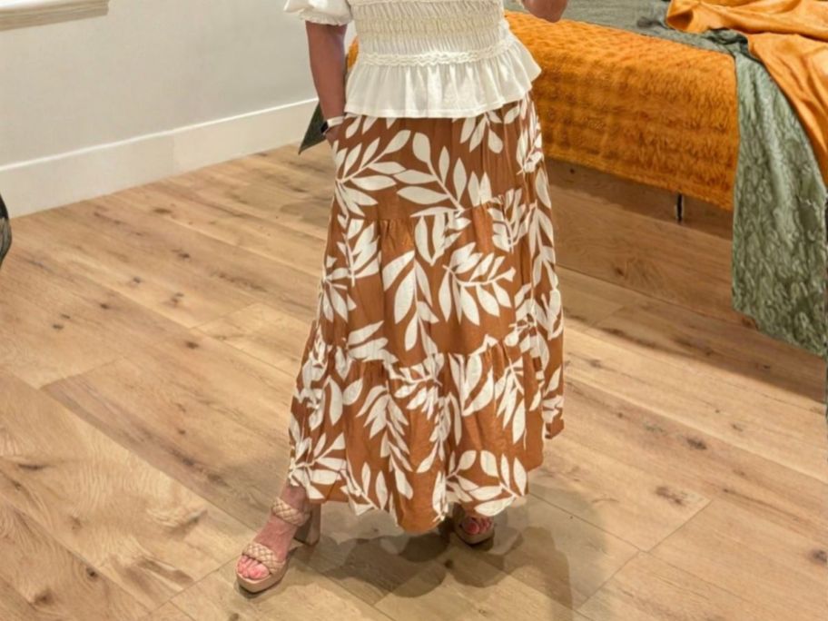 woman wearing brown and white printed BTFBM Women's Long Skirt in bedroom