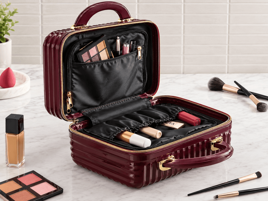 burgundy cosmetic case on a counter