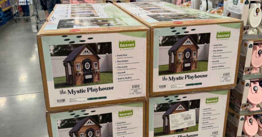 Backyard Discovery Mystic Cedar Wooden Kids Playhouse boxes in store