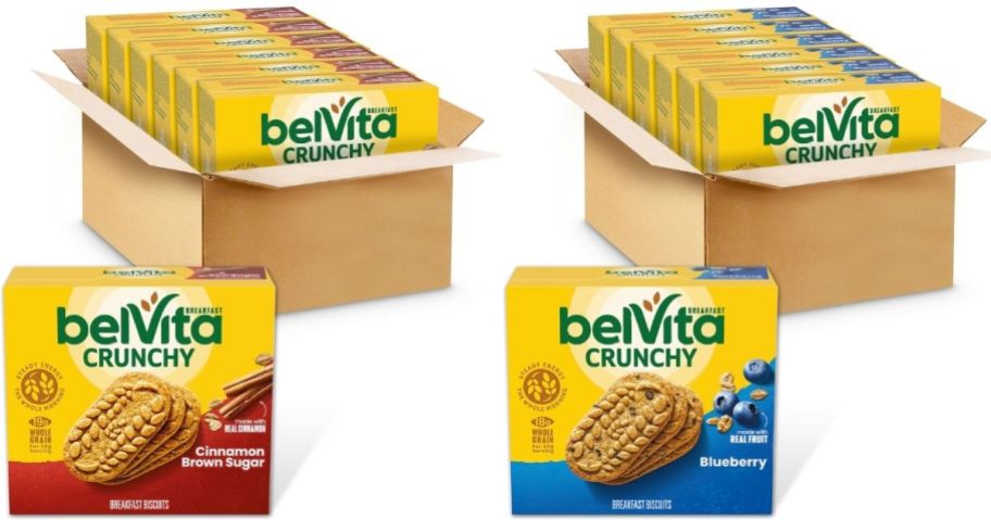 Stock images of two multpack boxes of belVita Breakfast Biscuits from Amazon