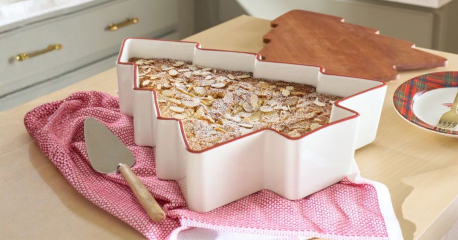Better Homes & Gardens Figural Christmas Tree Stoneware Baking Dish on counter
