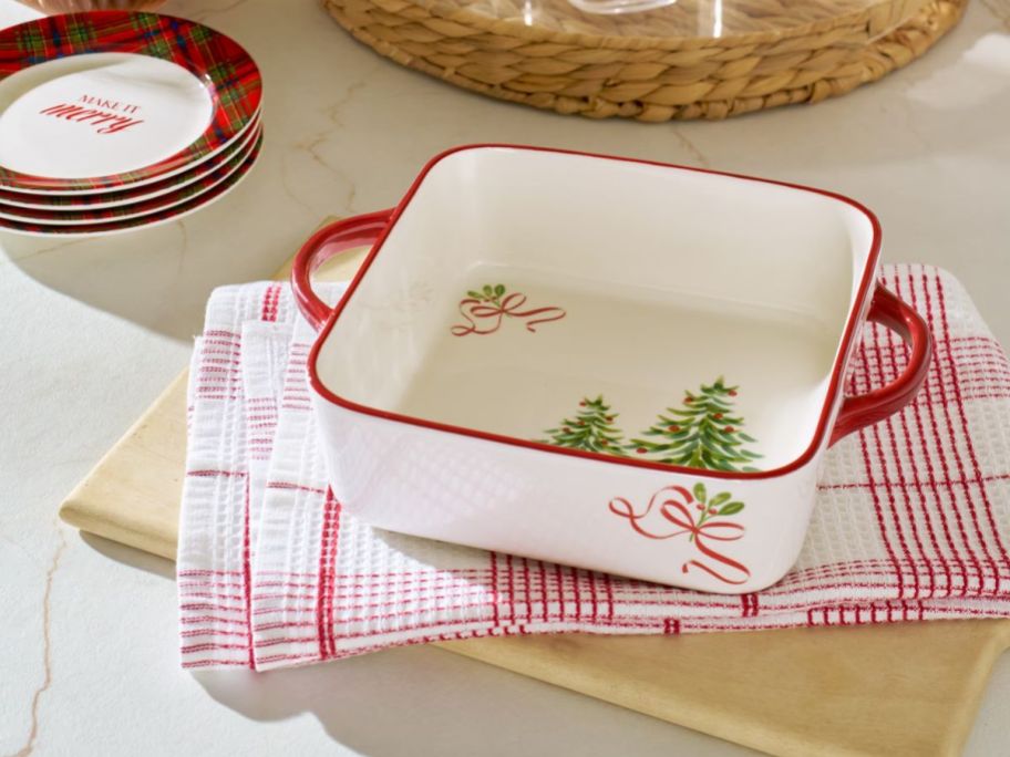 Better Homes & Gardens Holiday Pattern 8" Square Stoneware Baking Dish on counter