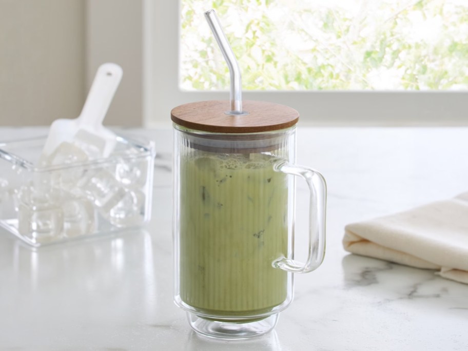Better Homes & Gardens Ribbed 14.5 oz Double Wall Glass Mug w: Wood Lid & Straw