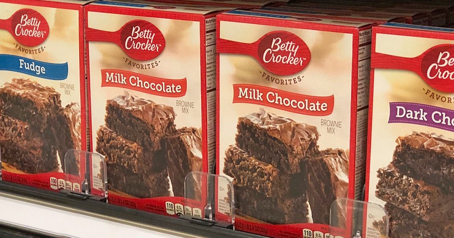 boxes of Betty Crocker Milk Chocolate Brownie Mixes on store shelf