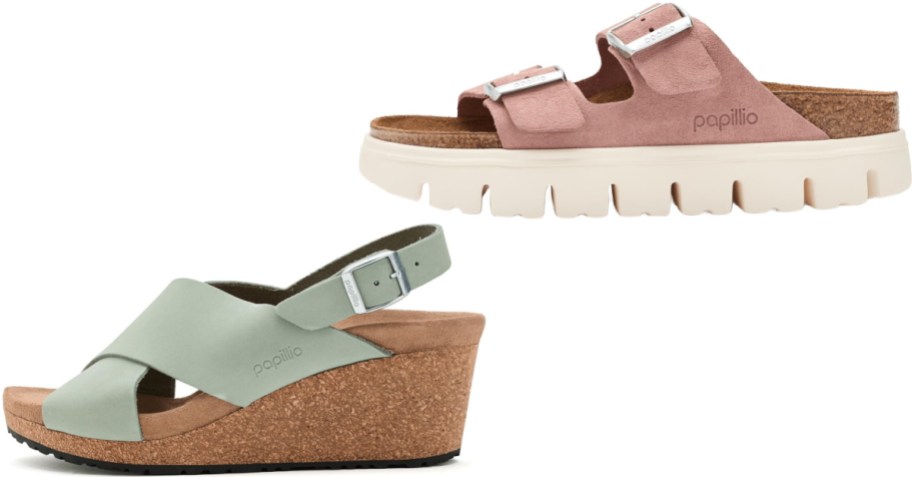 Two pairs of Papillio by Birkenstock sandals, featuring a sage green wedge sandal with a slingback strap on the bottom and a dusty pink double-strap platform sandal with a thick white grooved sole on top.