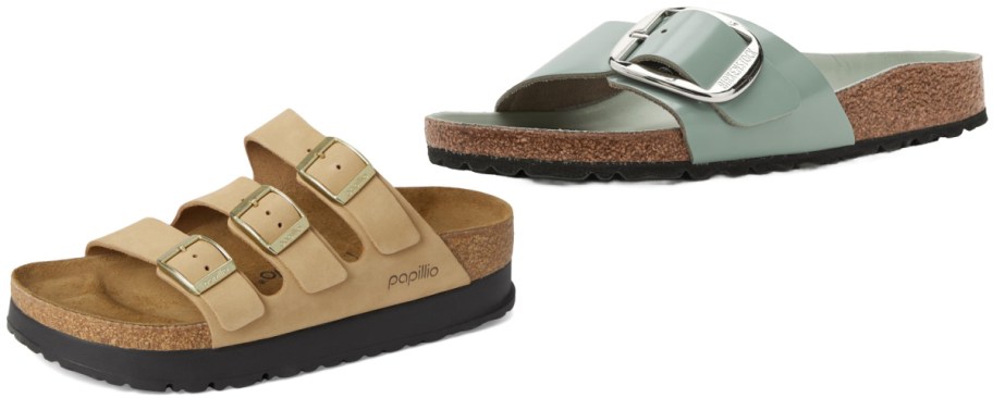 A tan three-strap Papillio platform sandal and a sage green single-strap Birkenstock sandal with a large silver buckle.