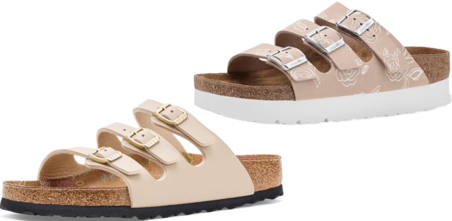 Two pairs of Birkenstock sandals, featuring a plain light tan three-strap model on the bottom and a pink platform model with a white outline floral pattern on top.