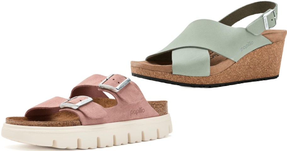 A dusty rose two-strap Papillio platform sandal and a sage green cross-strap Papillio wedge sandal with a slingback strap.