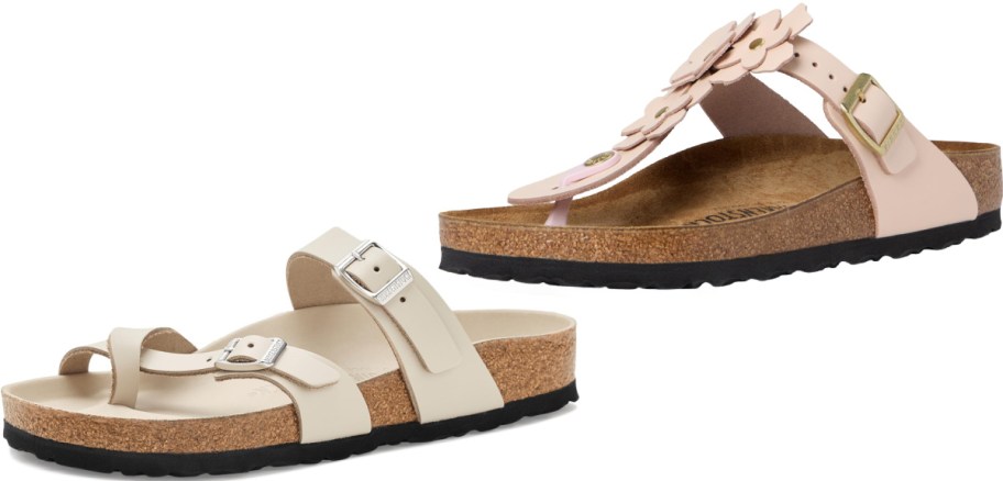 A cream-colored toe-loop Birkenstock sandal and a light pink thong sandal decorated with a line of leather flowers.