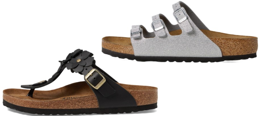 Two pairs of Birkenstock sandals, featuring a black thong sandal with a flower embellishment on the bottom and a silver glitter three-strap model on top.