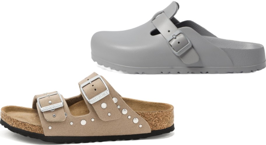 Two pairs of Birkenstock shoes, featuring a light tan studded double-strap sandal on the bottom and a grey EVA clog on top.