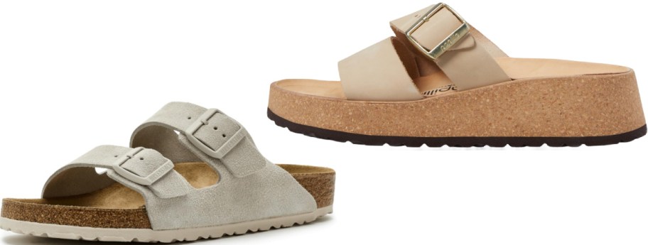 A light gray two-strap suede Birkenstock sandal and a tan single-strap Papillio platform sandal.