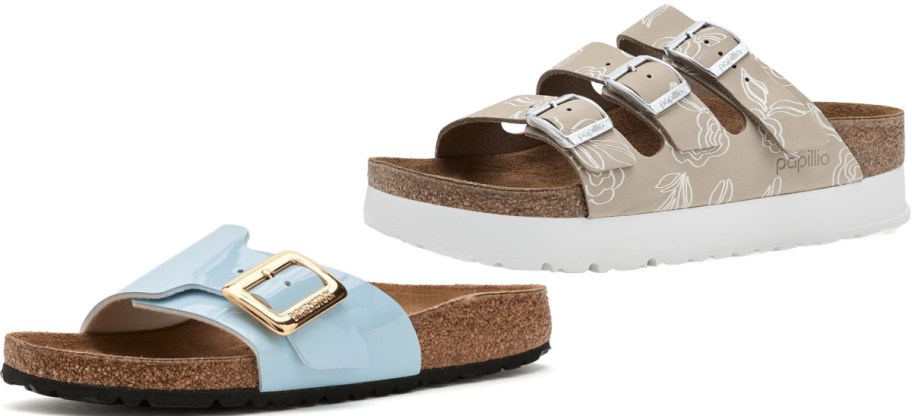 A light blue patent single-strap Birkenstock sandal and a taupe floral-print three-strap Papillio platform sandal.