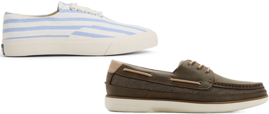 A pair of casual shoes, including light blue and white striped canvas sneakers and brown leather boat shoes with woven side panels.