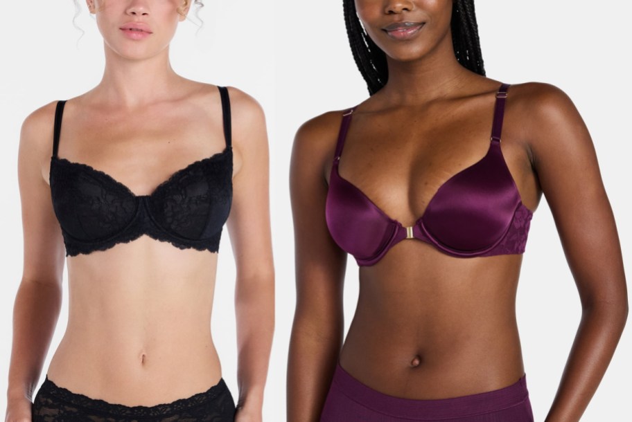 Two models wearing matching bras and underwear sets: a black lace set on the left and a satin plum-colored set on the right.