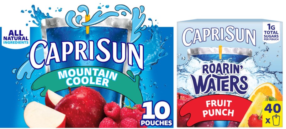Two Capri Sun juice boxes shown side by side, featuring Mountain Cooler on the left and Roarin' Waters Fruit Punch on the right.