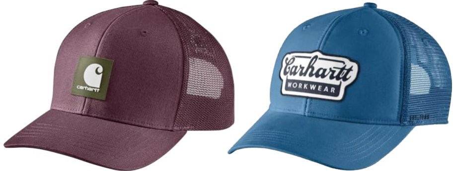 maroon and blue Carhartt hats