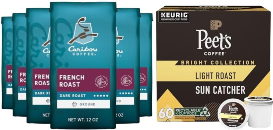 Caribou Coffee Ground French Roast 12oz 6-Pack and Peet's Coffee Light Roast Sun Catcher 60 K-Cups