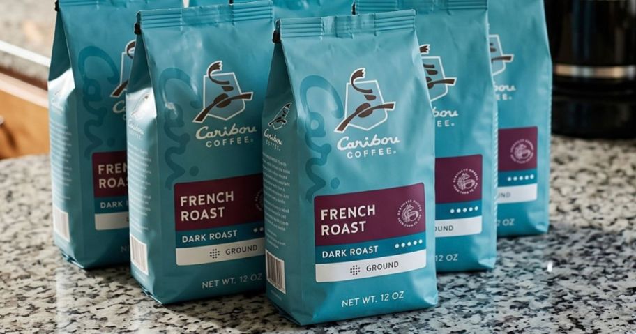 Caribou Coffee Ground French Roast 12oz 6-Pack on kitchen counter