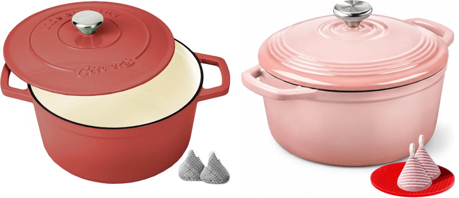 red and pink dutch ovens with pot holders