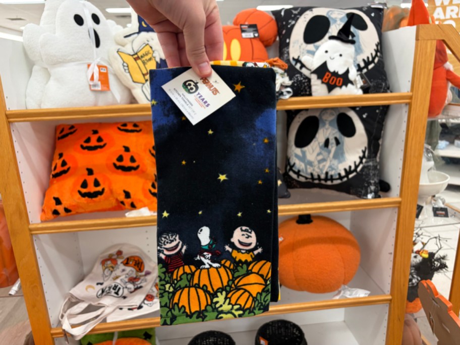 A hand holding a Peanuts Halloween kitchen towel featuring a dark starry night sky above embroidered characters sitting among orange pumpkins.