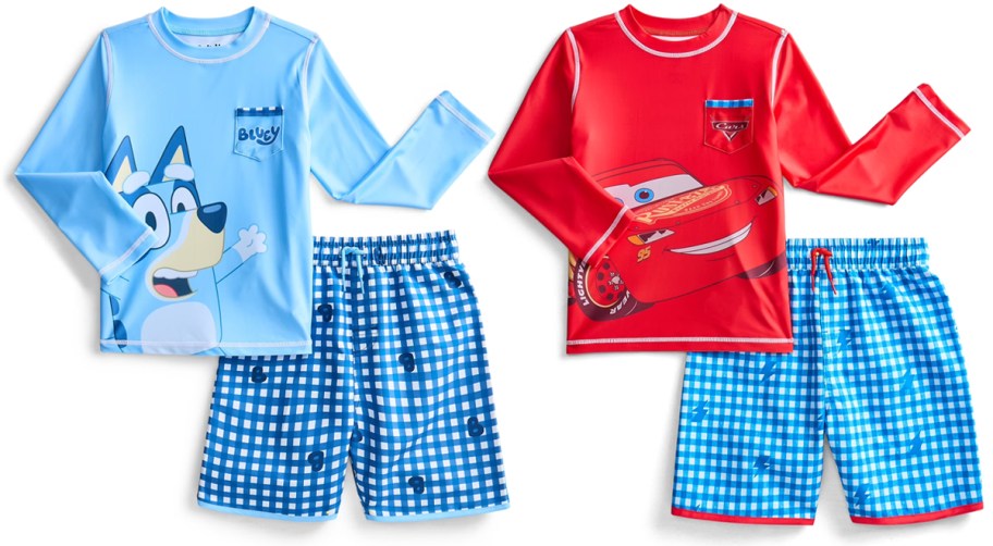 Character Toddler Boy Short-Sleeve Rash Guard and Swim Trunk Set in Bluey and Cars