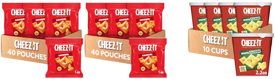 two boxes of mini cheez-it bags and a blue of cheez-it cups