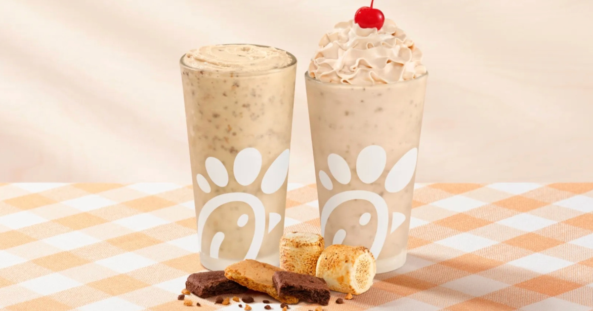 Chick-fil-A s'mores milkshakes on patterned tablecloth