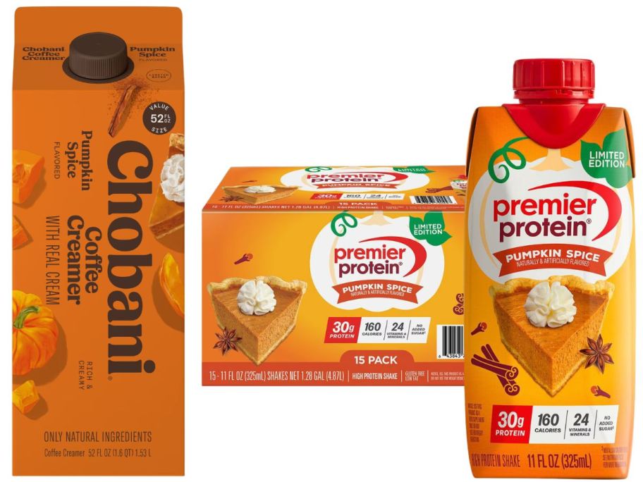 Chobani Pumpkin Spice Dairy Refrigerated Coffee Creamer 52oz and Premier Protein Pumpkin Spice 30g High Protein Shake 11oz 15-Pack